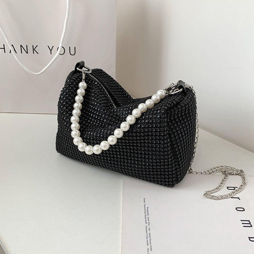 Fashion Rhinestone Shoulder Bag Pearl Chain Bag Phone Pouch Zipper Crossbody Bag for Women Handbag