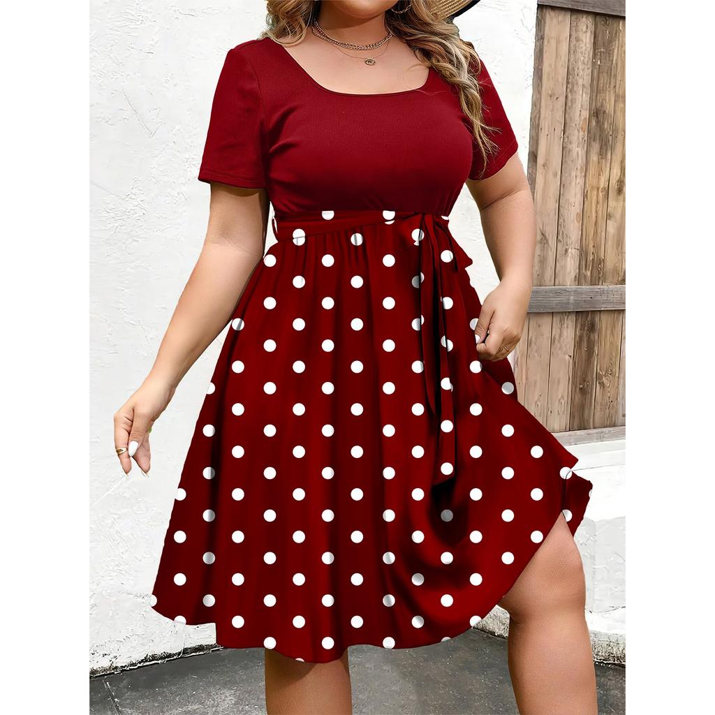 Damen Modisches Und Trendiges Rundhals Kurzarm Kleid Mit Taillenprint In Übergröße