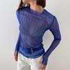 European and American style women's clothing summer new round neck long-sleeved mesh see-through T-shirt blue top slim and sexy style