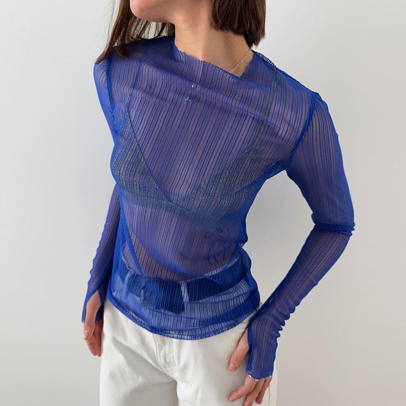 European and American style women's clothing summer new round neck long-sleeved mesh see-through T-shirt blue top slim and sexy style