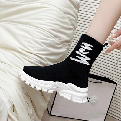 2024 New Letter Knitted Elastic Socks Shoes Women's Comfortable Thick-soled Heightening Socks Boots Medium Tube Martin Boots Thin Boots