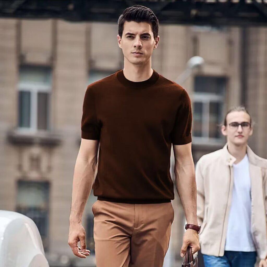 

Ralph Lauren Style Men s Wool Knit Short-Sleeved T-Shirt with Small Round Neck 2XL [150-165 lbs]