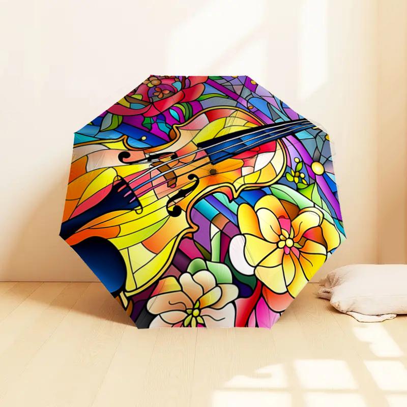 Stained Violin & Flowers Auto Open Close Umbrella, Portable Folding Design, 8-Bone Iron Frame Outdoor Umbrella, Festival Gift for Fans, Trav