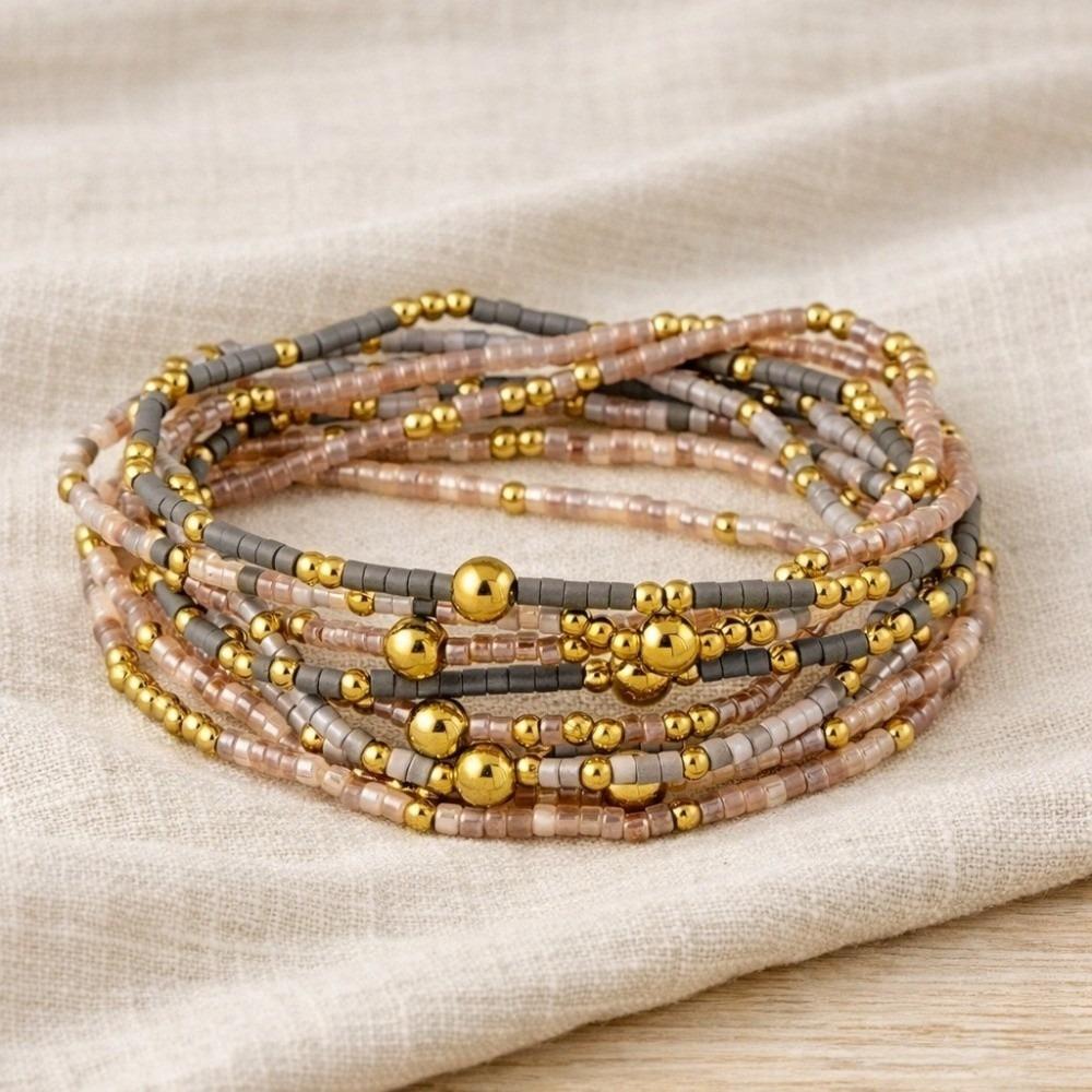 9pcs Set Multi-Layer Handmade Bracelet Set Elastic Bead Bangle Set Women Daily Wear