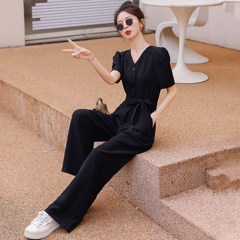 

Women s Black Slimming Wide-Leg Short Sleeve Jumpsuit M 45-53kg