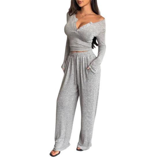 Women's 2 Piece Lounge Sets Long Sleeve Button Up Crop Top Wide Leg Pants Matching Outfit Casual Fall Spring Tracksuits