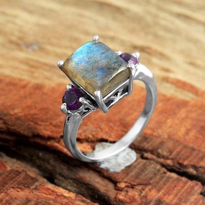 Anello con ametista labradorite Anello di dichiarazione di gioielli fatti a mano in argento sterling massiccio 925
