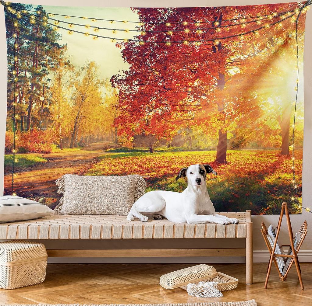 Fall Tapestry, Vibrant Misty Day in Forest Sun Rays Trees Foliage Fallen Leaves Calm View, Wide Wall Hanging for Bedroom Living