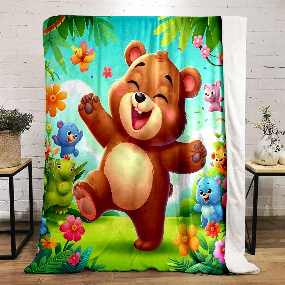 Happy Cartoon Bear In Colorful Forest Patterned Flannel Blanket Perfect for the Bedroom Living Room, Sofa, or a Little Nap