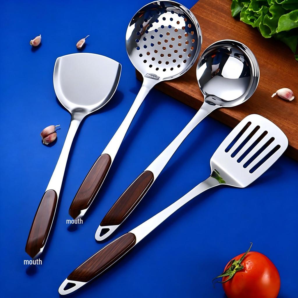 Large Stainless Steel Slotted Spoon & Wood Grain Handle Spatula Set for Commercial Wok & Frying Pan