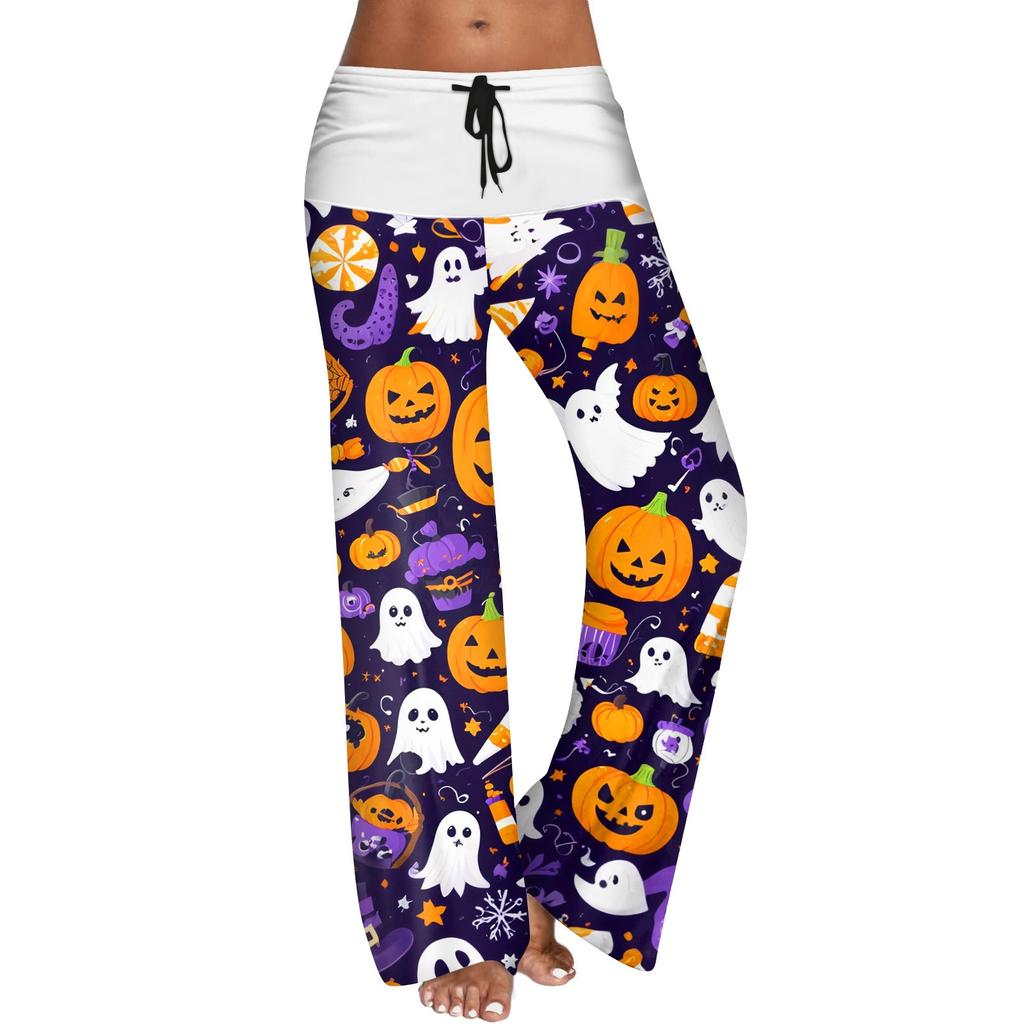 Women's Drawstring Elastic Waistband Wide Leg Color Matching Halloween Printed Casual Pants