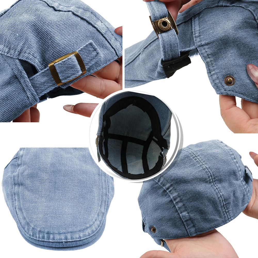 Retro Denim Newsboy Cap Adjustable Forward Flat Hat, Casual Versatile Face Slimming Artist Beret Hat for Men Women