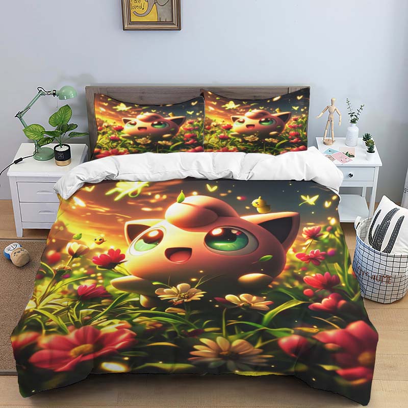 New Pokémon Jigglypuff print three-piece bedding set, including 1 duvet cover and 2 pillowcases, suitable for adults and childre