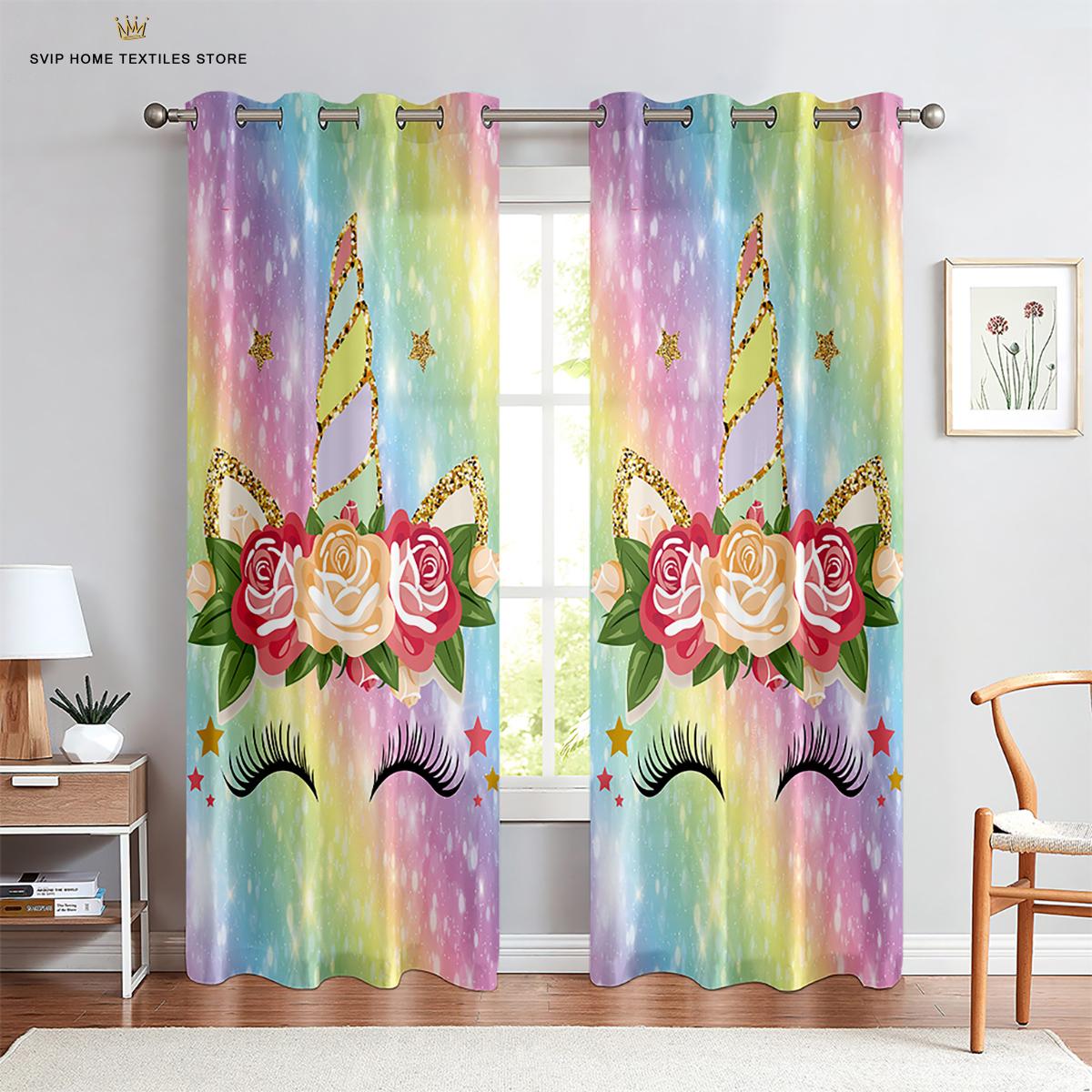 

Cartoon Cute Unicorn Tulle Windows Window Curtains ideal for Living Room Child Rest Room Window Cover Voile Kitchen Window Curtains W50X130H(CM)X2PCS&Rod pocket