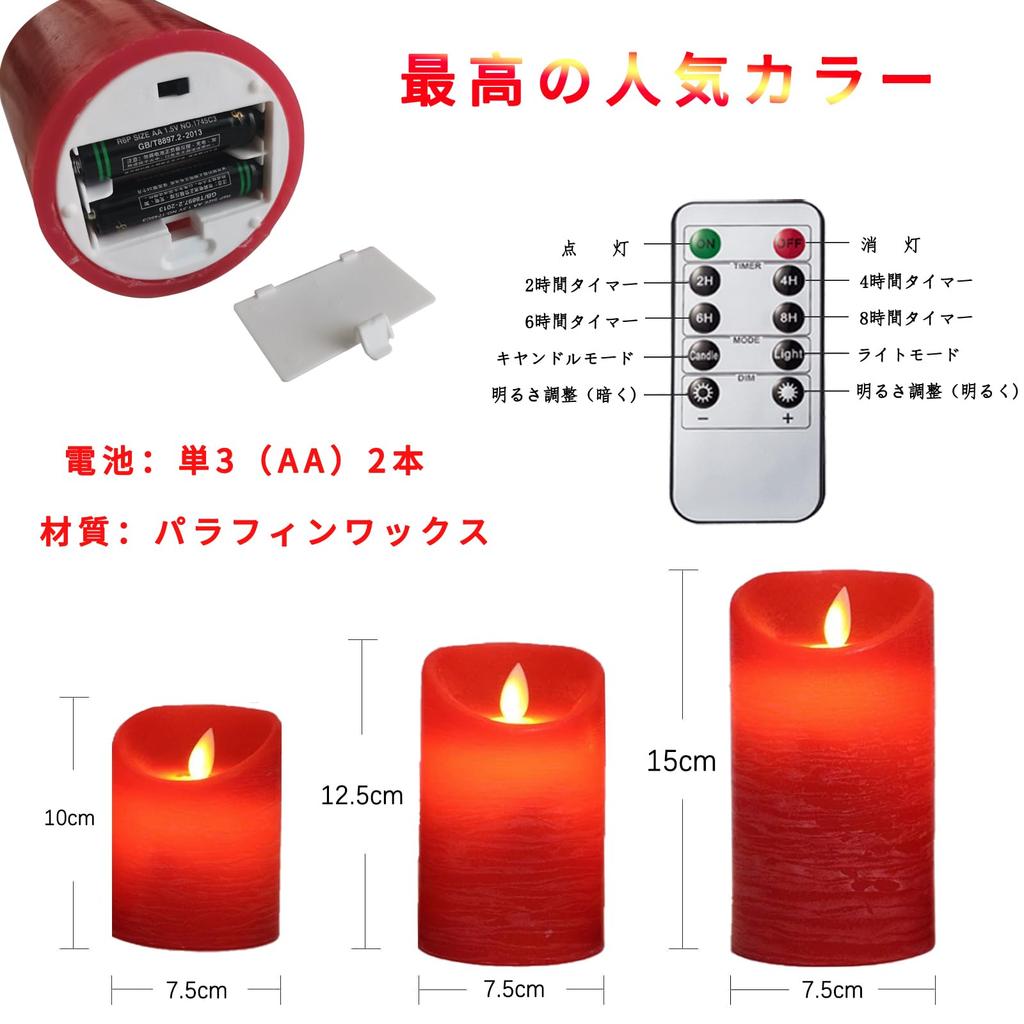AnnTec LED Candle Light, Red, 3-Piece Set, Flickers Like a Real Flame, Warm Light, Flameless, Safe, Energy-Saving, Includes Remote Control,
