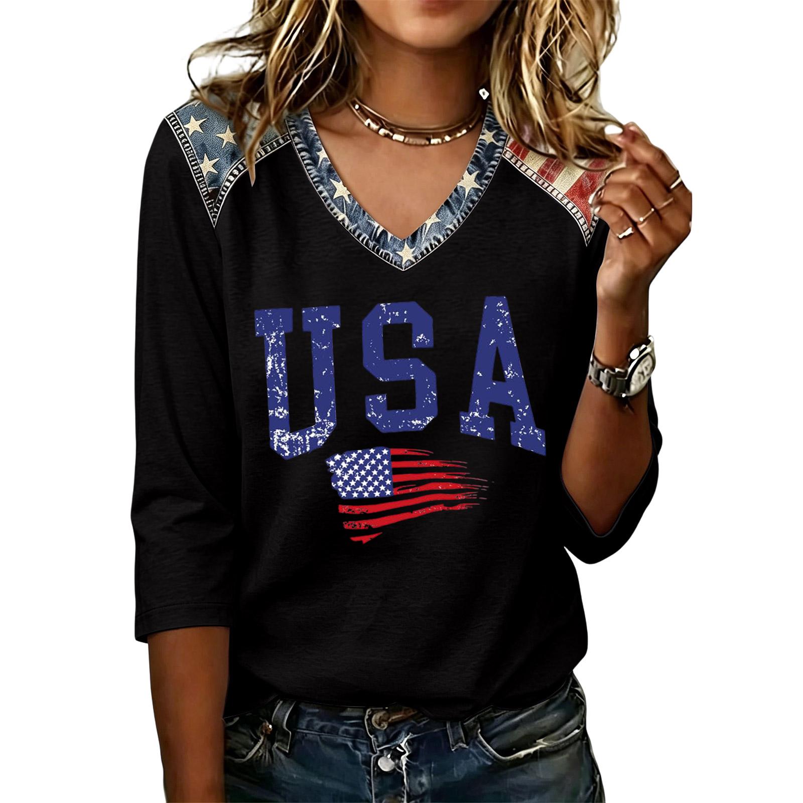 

Long Sleeve Shirts for Women Casual V Neck Womens Long Sleeve Tops USA Print Long Sleeve T Shirt Women Comfortable Long Sleeve Tops for Women S чёрный