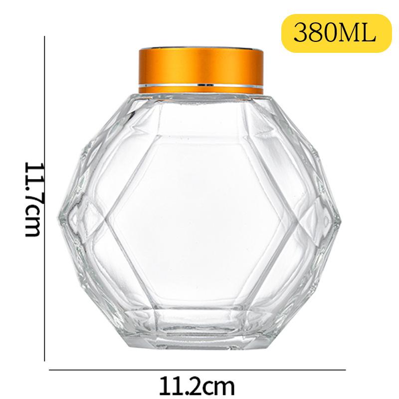 Vasetto Esagonale Premium per Miele in Vetro con Filettatura a Diamante e Coperchio in Legno, 500g