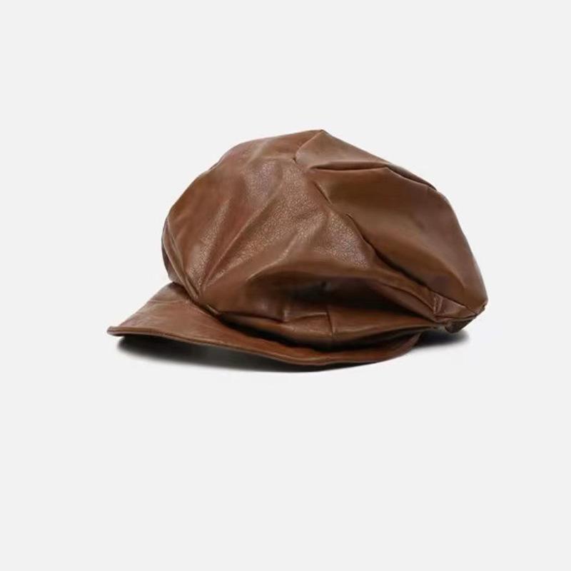 Black beret women's new spring and autumn forward hat big head circumference pleated leather octagonal painter hat