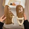 Plush Lined Clog Shoes Women Squirrel Embroidery Buckle Strap Slip On Warm Winter Flats Round Toe