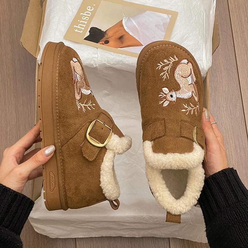 Plush Lined Clog Shoes Women Squirrel Embroidery Buckle Strap Slip On Warm Winter Flats Round Toe