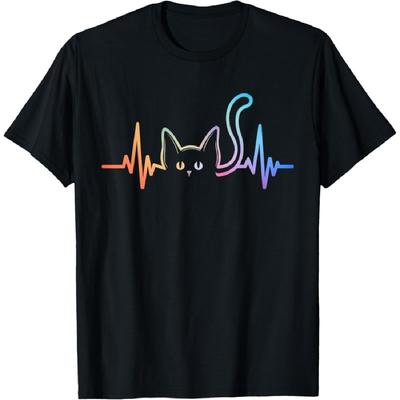 Bicie serca Miłośnik Kota Słodki Właściciel Kota Sztuka Sylwetki Zwierzęcia EKG T-Shirt(1)