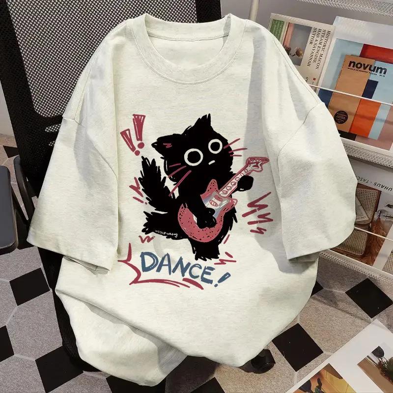 

2024 Cartoon Black Cat Guitar Print Loose T-Shirt S (for under 90 jin)