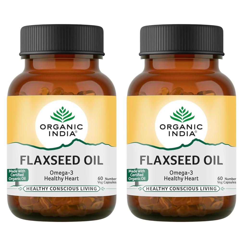 Organic India Flaxseed Oil 500mg 60 Veg Capsules Pack of 2 – Heart Brain Skin Hair Nail Support