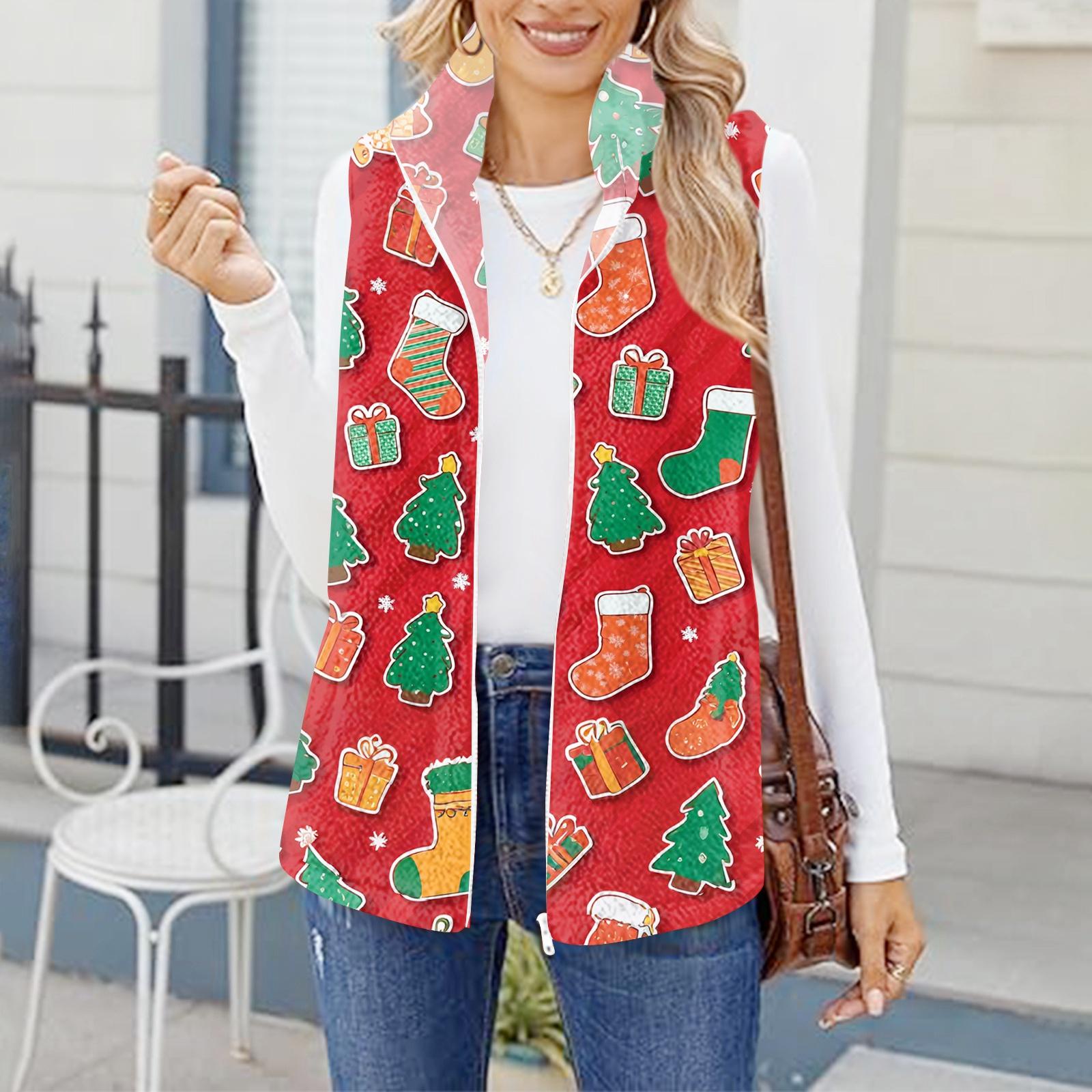 

Женский зимний модный и теплый флисовый кардиган-жилет с принтом снежинок XXL