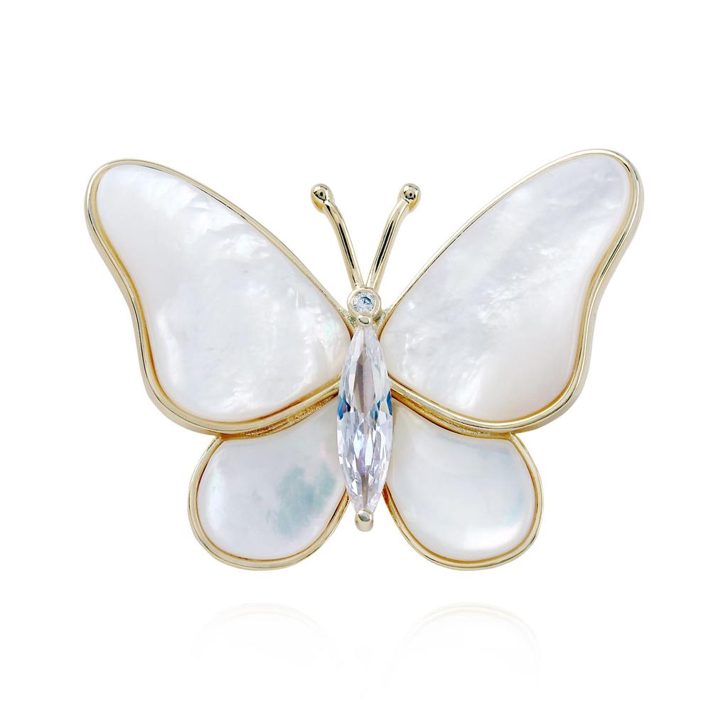 Gold-Plated Natural Shell Butterfly Brooch with Zirconia Flower - Elegant Women's Accessory