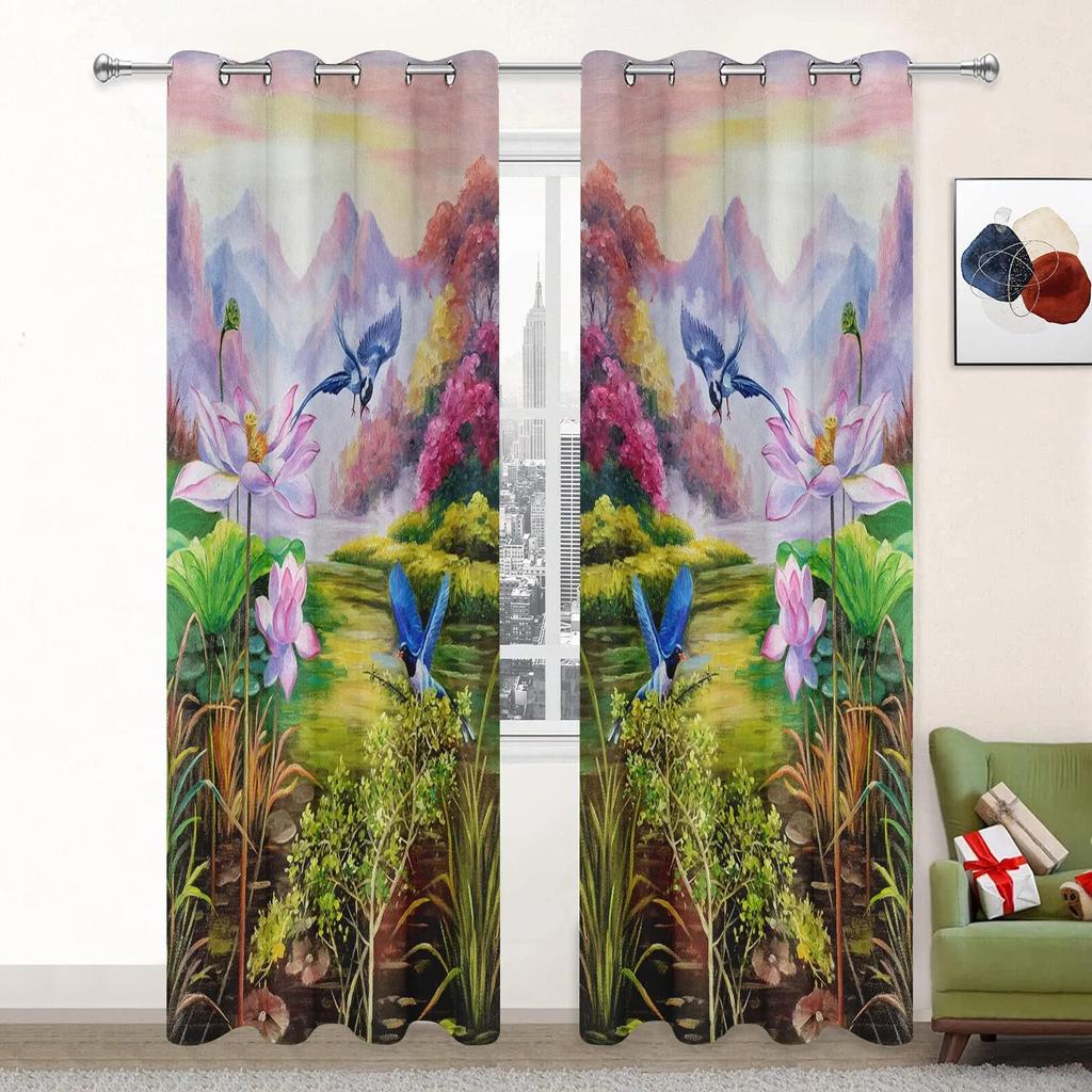 Lotus Curtains for Living Room Landscpe Thick Window Curtain for The Bedroom Aesthetic Room Decor Scenery High Shading Curtain