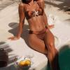 Two Piece Women's Swimsuit Set with Wide Shoulder Straps and Decorative Front Detail Bikini Top and High Cut Bottoms for Beachwear and Poolside