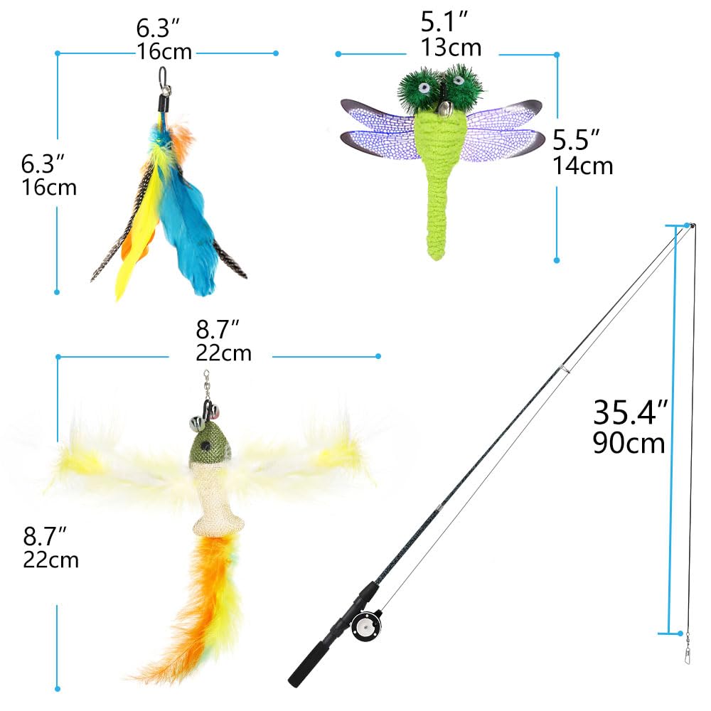 Pawaboo Cat Feather Wand with Spinning Extendable Fishing Rod Toy with Manual Cat Cat Artificial Three Replacement Stress Relief for Yellow Green