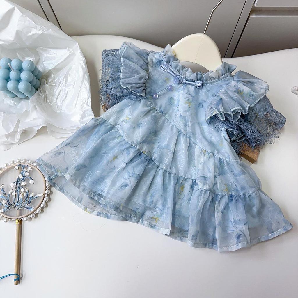 Girls' Chinese-Style Summer Two-Piece Set: Fashionable Short-Sleeved Top & Pants (EXB001)