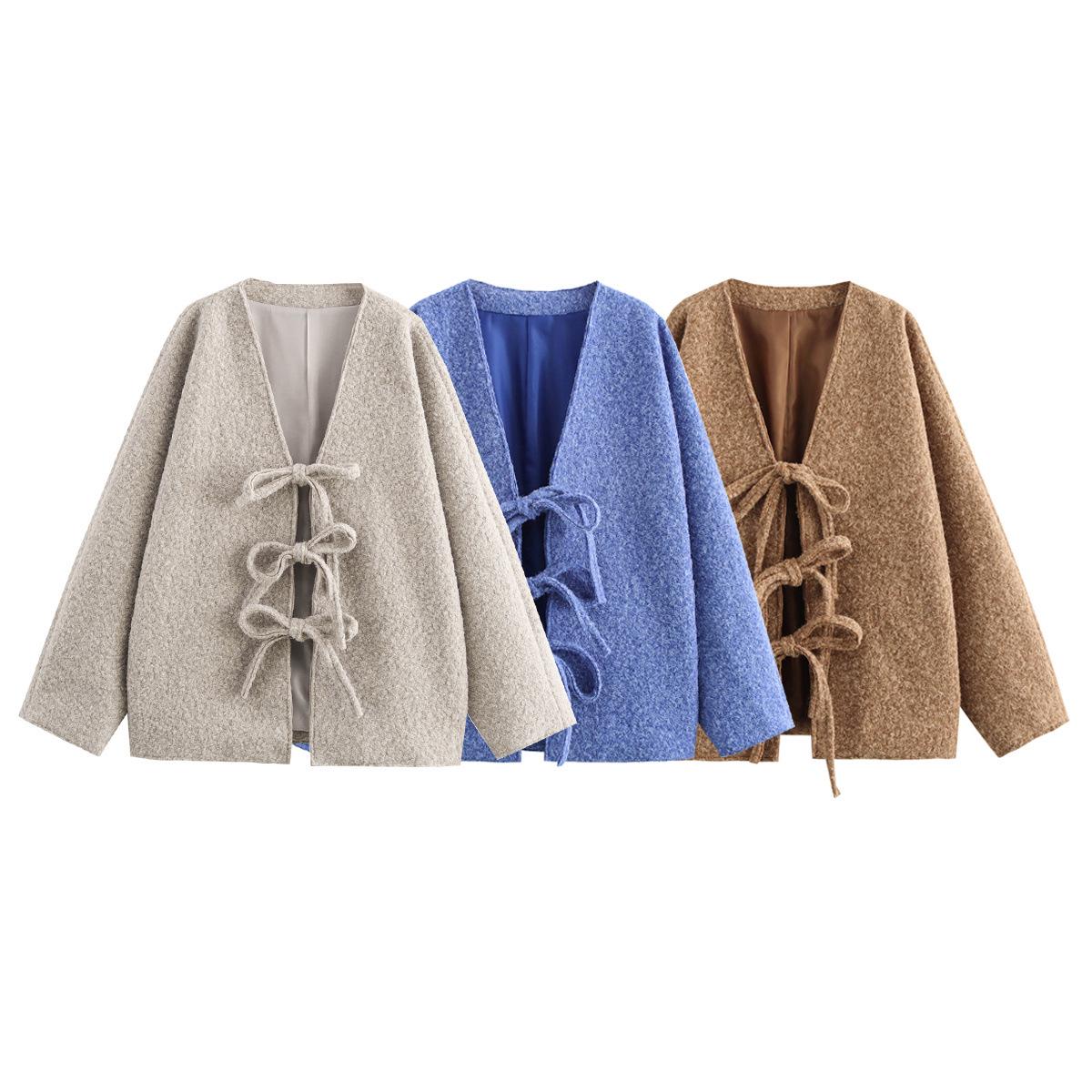 

2024 Autumn/Winter Women s Fashion Loose Faux Wool Bow Tie Cardigan Coat Medium