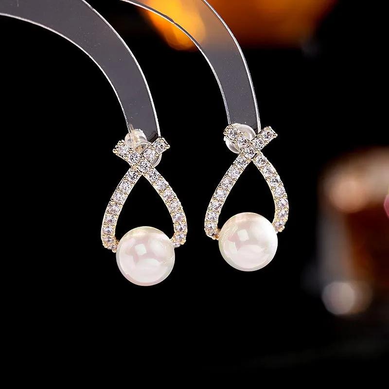 Stud Earrings Pearl Earrings High-end Geometric Temperament Cute Female Earrings With Diamond Inlay Personalized Ear Bone Studs