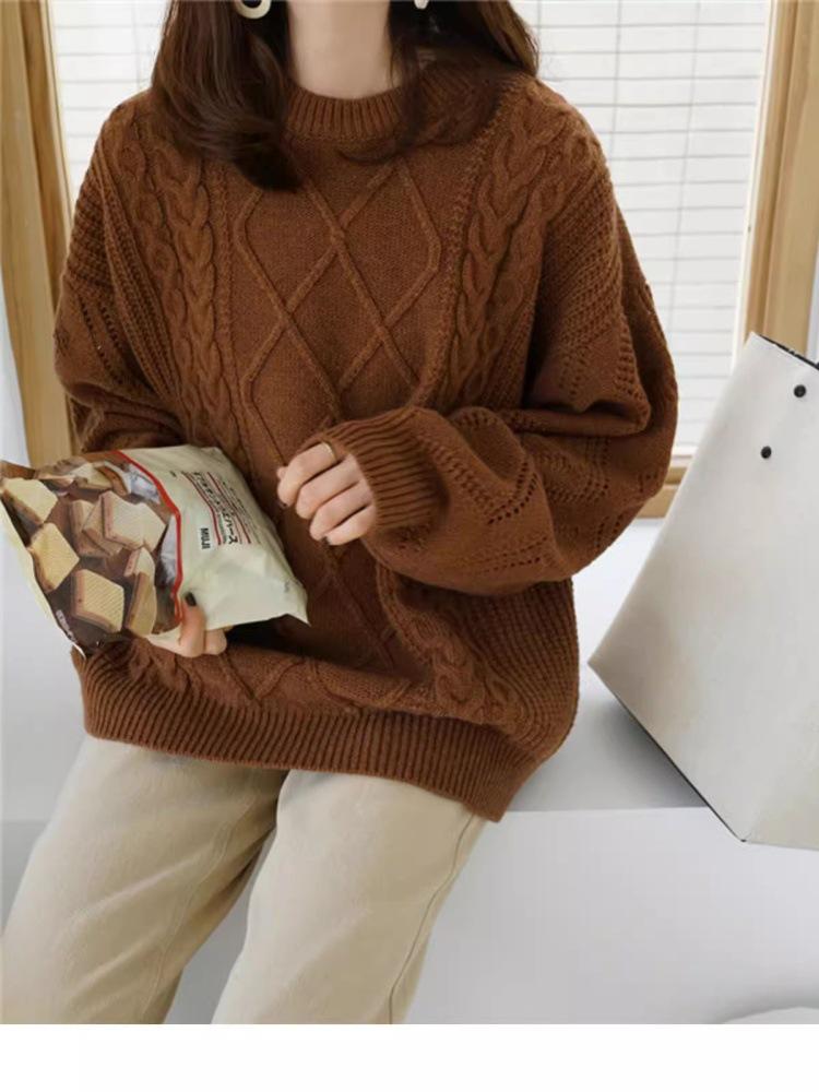 2025 Autumn/Winter Women's 100% Pure Wool Sweater—Round Neck, Warm Diamond Pattern, Classic Versatile Loose Fit