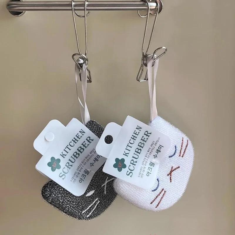 New Korean Style Cartoon Cat Kitchen Sponge Scouring Pad Set Thick Dishwashing Cloth Pot Brush Cleaning Wipe Rag for Household