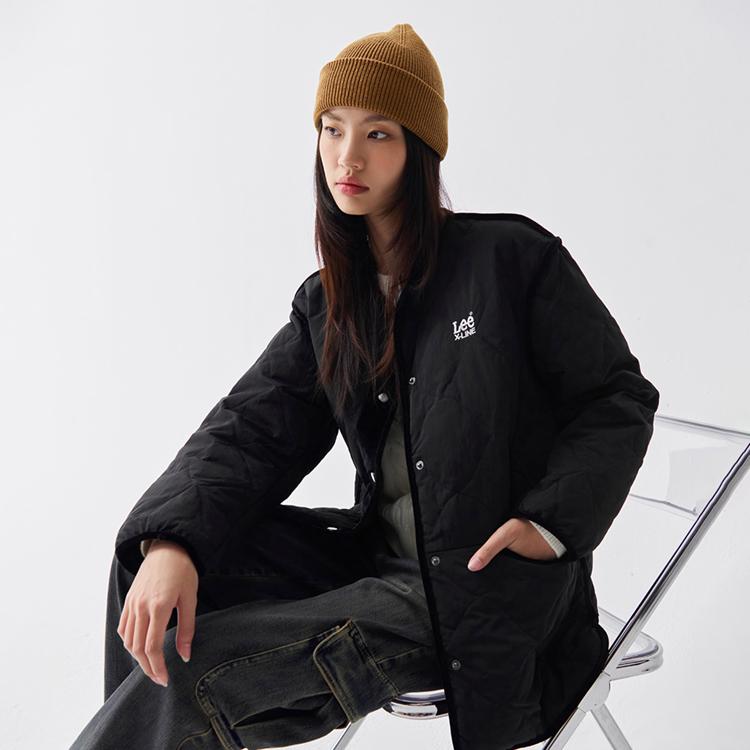 Lee Comfortable Round Neck Velvet Trim Down Jacket Women Outerwear Black LWT008952205146K11000
