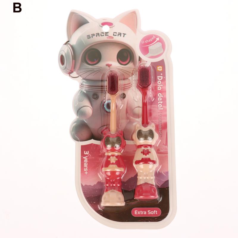 

2 шт./коробка Детские зубные щетки Мультяшная форма космического кота Мягкая щетина Расщепленное флокированное покрытие Безопасны для детей 3-12 лет