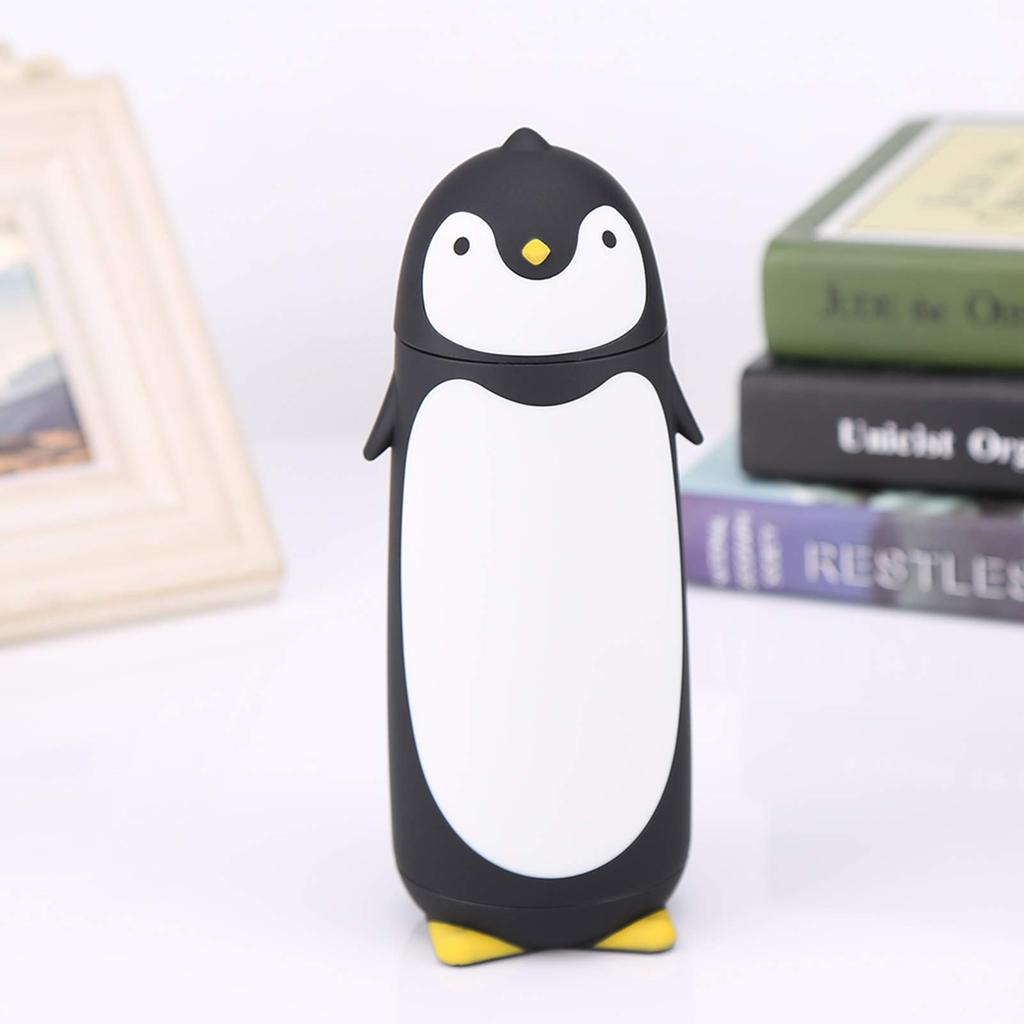 J-ouuo 300ml Portable Cute Penguin Glass Water Bottle Double-Layer Mug Travel Cup (Black)
