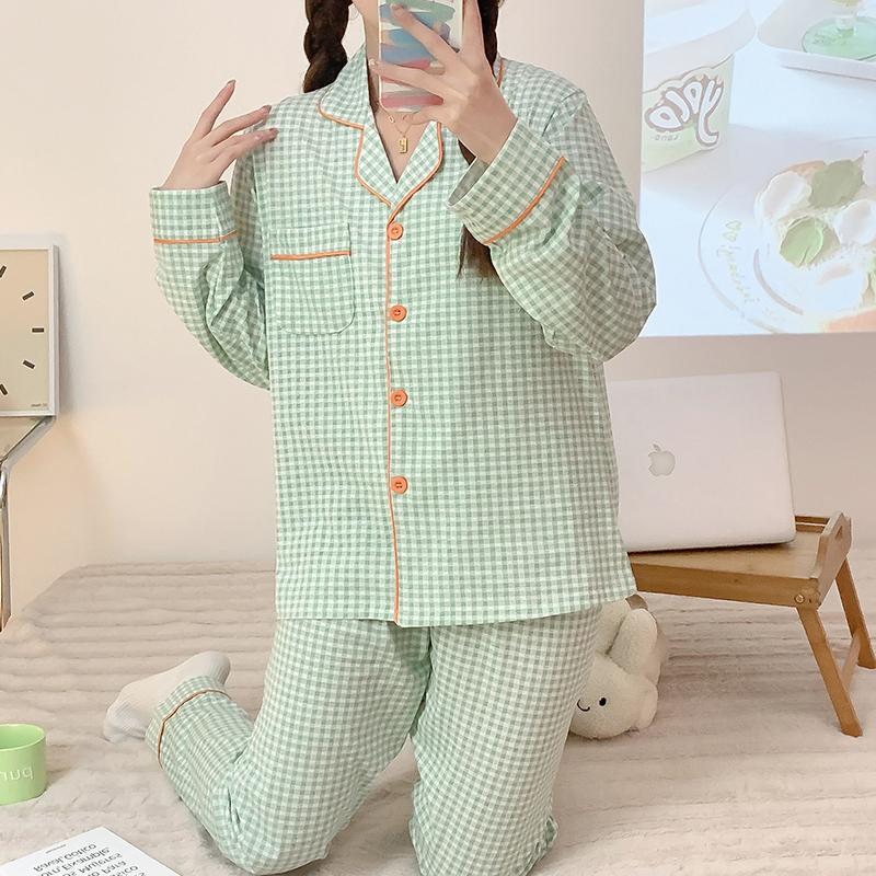 Women's Pajamas New Autumn Spring Long Sleeve Soft Sleepwear Set Grid Cartoon Cotton Pyjama Woman Home Nightwear Set Cardigan