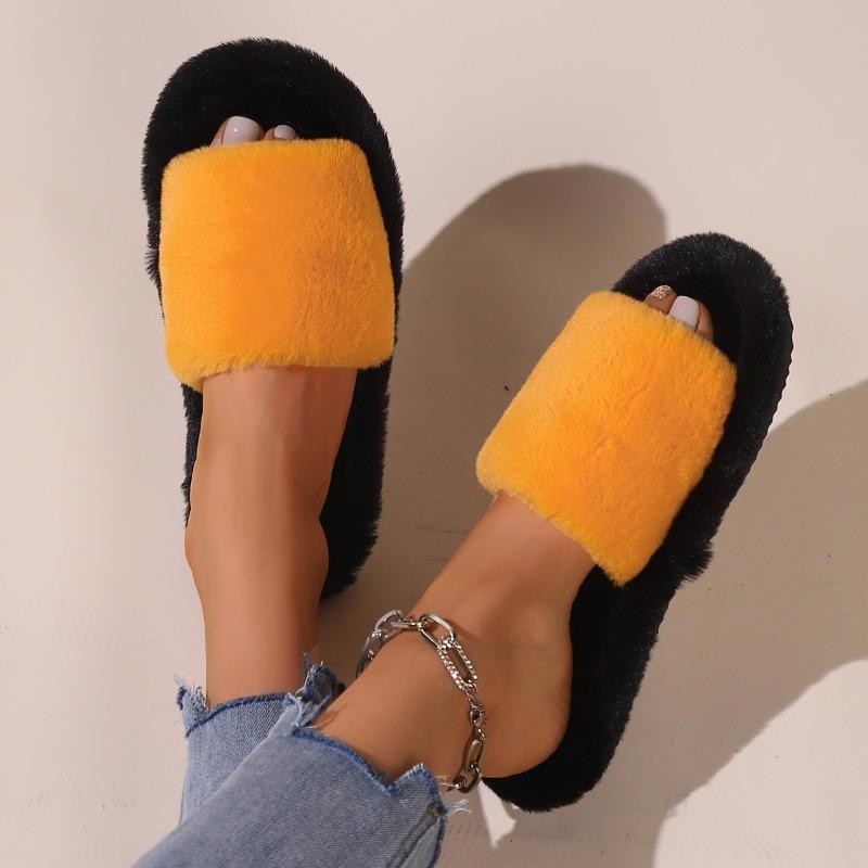 Hairy slippers women's autumn and winter outer wear non-slip indoor thick bottom home furry cotton slippers open winter