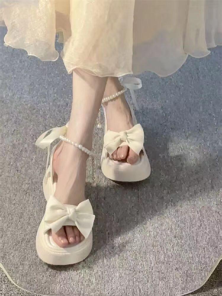 Sandals women's new summer bow fairy wind platform pearl word with fashion open-toed Roman women's shoes