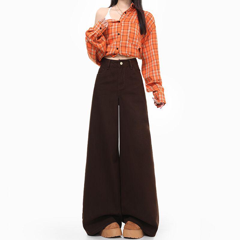 

Women s Autumn/Winter Wide-Leg Jeans with Coffee Maillard Color and Buttoned Back Pocket Design XL