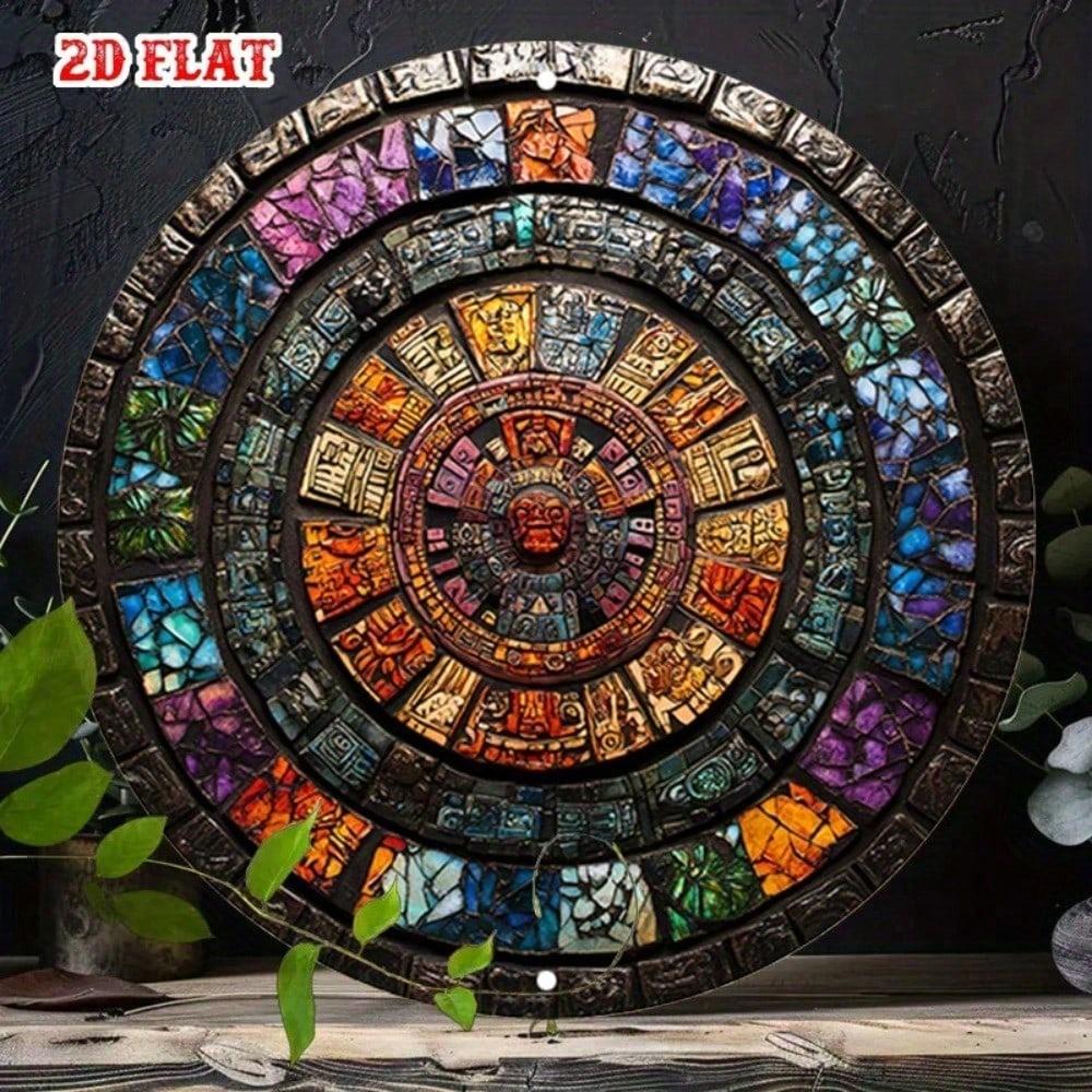 

Vintage Round Metal Sign Ancient Calendar Stained Glass Style Wall Art Home Decor Indoor 20x20 разноцветный