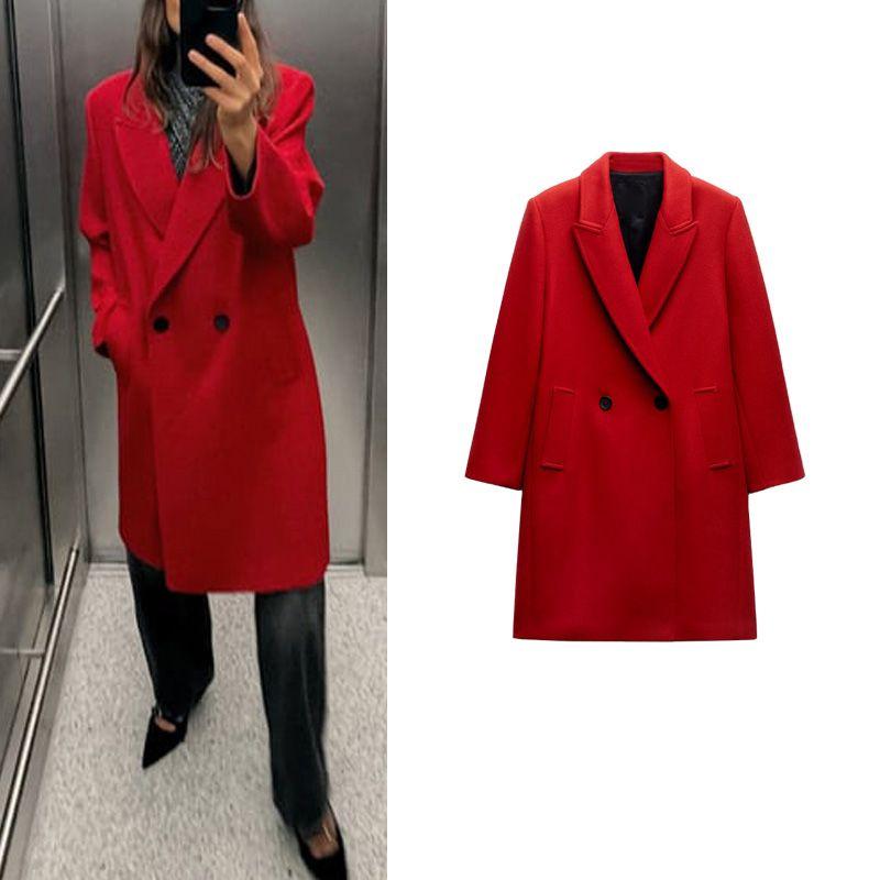 Fall and Winter New Arrival Hepburn Style Red Suit Collar Woolen Double Breasted Long Overcoat Outerwear 8694142