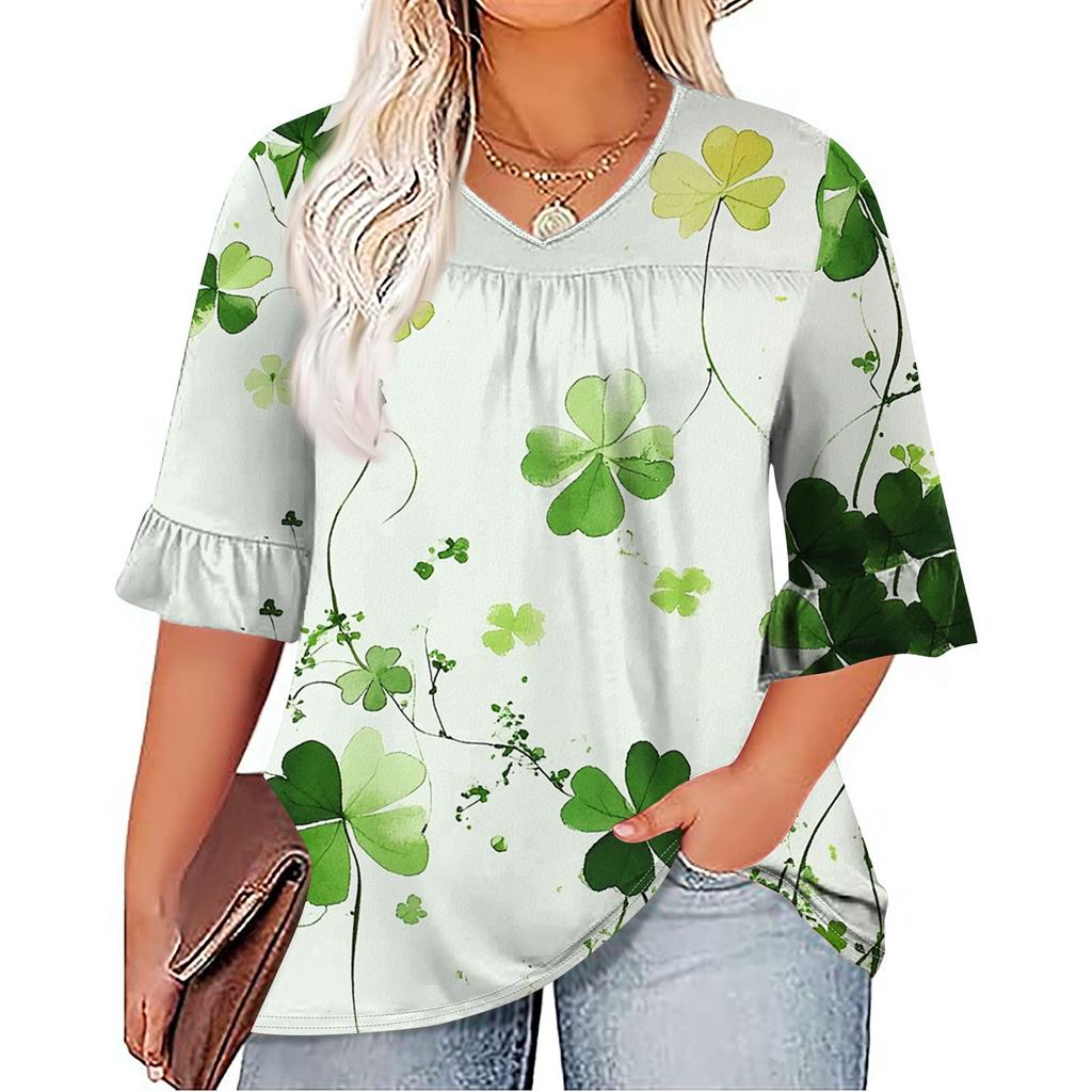 Women's Fashion Casual  Printed V-Neck Pleated Seven Minute Sleeve Ruffle Sleeve T-Shirt Plus Size Tops
