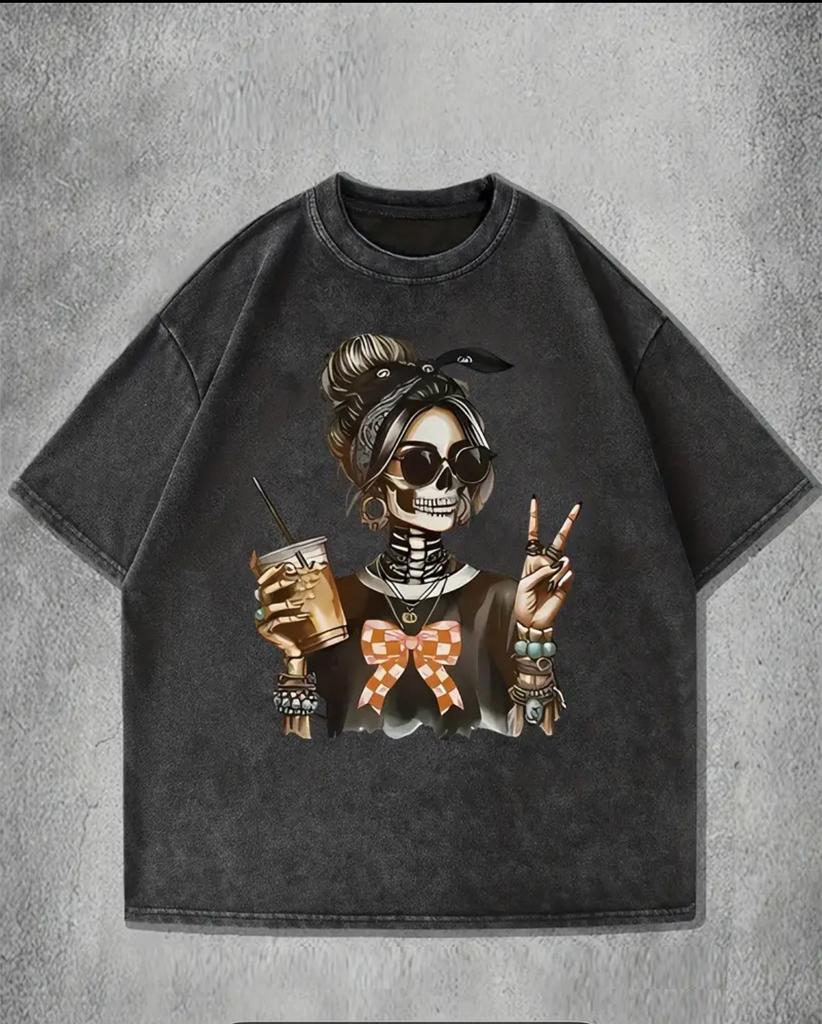 Skull Print Loose Short Sleeve T-Shirt Rock American Diablo Vintage Wash