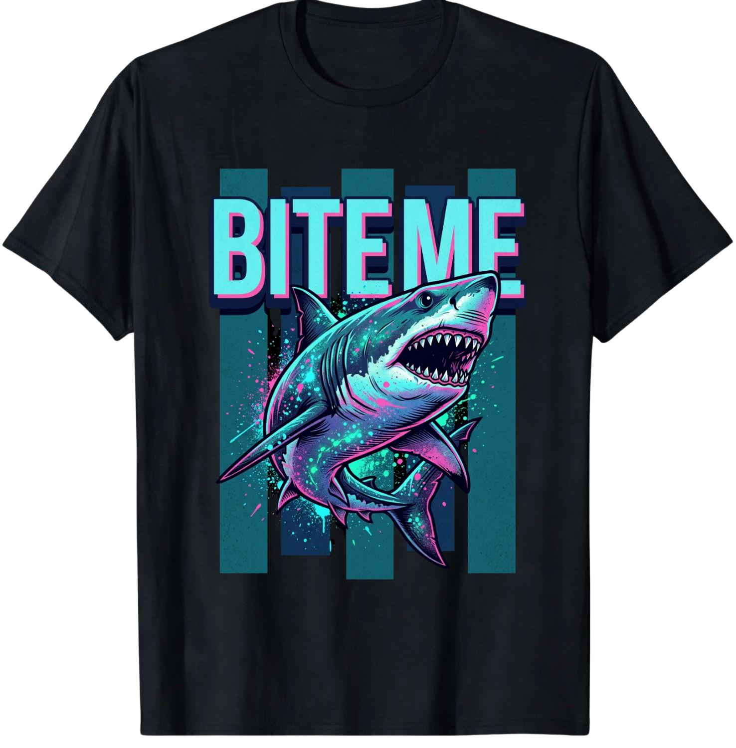 Bite Me Shark T-Shirt, Funny Shark Lover Gift, Retro Ocean Graphic Tee S разноцветный