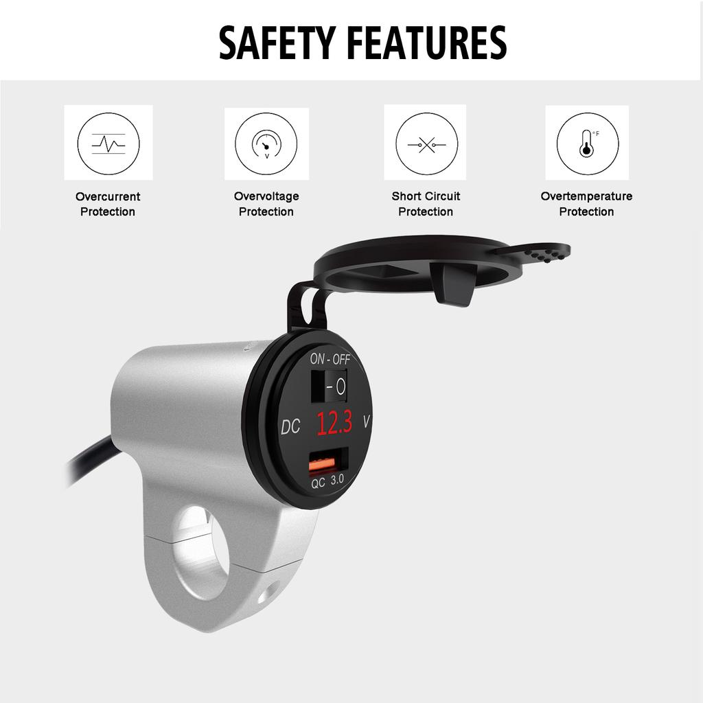 12V Motorcycle Handlebar 2.4A USB Adapter Charger with Digital Voltmeter Fits for 22mm-26mm Handlebars